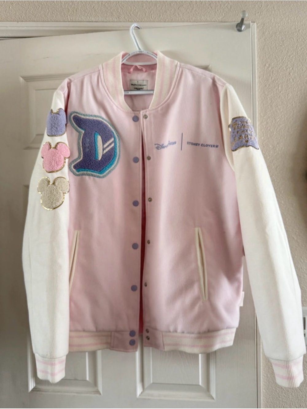 Disney Pastel Pink and Cream Varsity Jacket with Chenille Appliqués